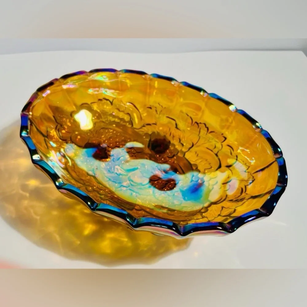Vintage Indiana Glass Footed Amber Oval Carnival Glass Bowl